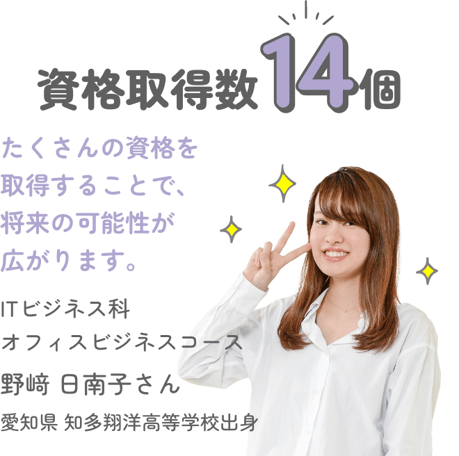資格取得数14個 「たくさんの資格を取得することで、将来の可能性が広がります。」 ITビジネス科オフィスビジネスコース 野崎 日南子さん 愛知県 知多翔洋高等学校出身
